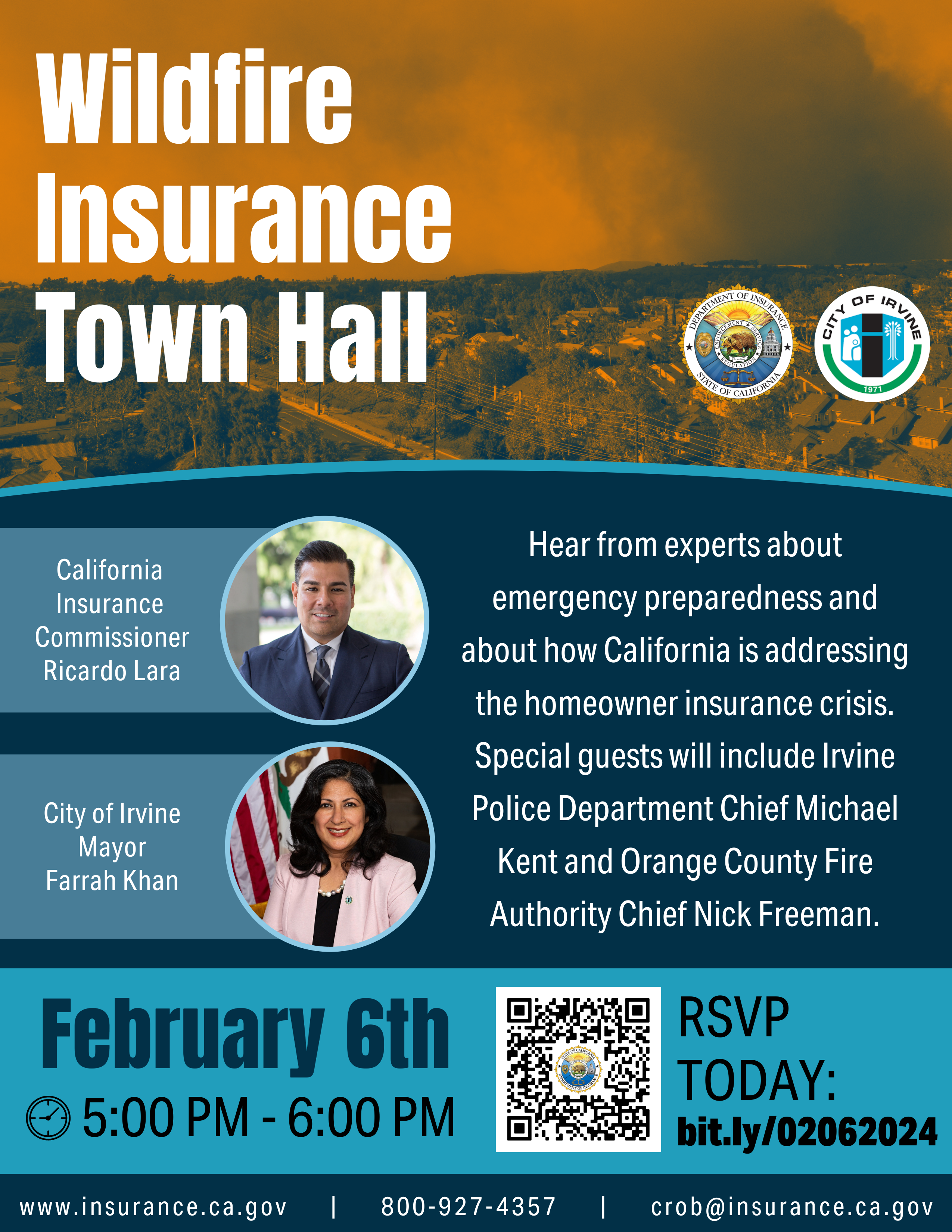 Hear from experts about emergency preparedness and about how California is addressing the homeowner insurance crisis. Special guests will include Irvine Police Department Chief Michael Kent and Orange County Fire Authority Chief Nick Freeman.