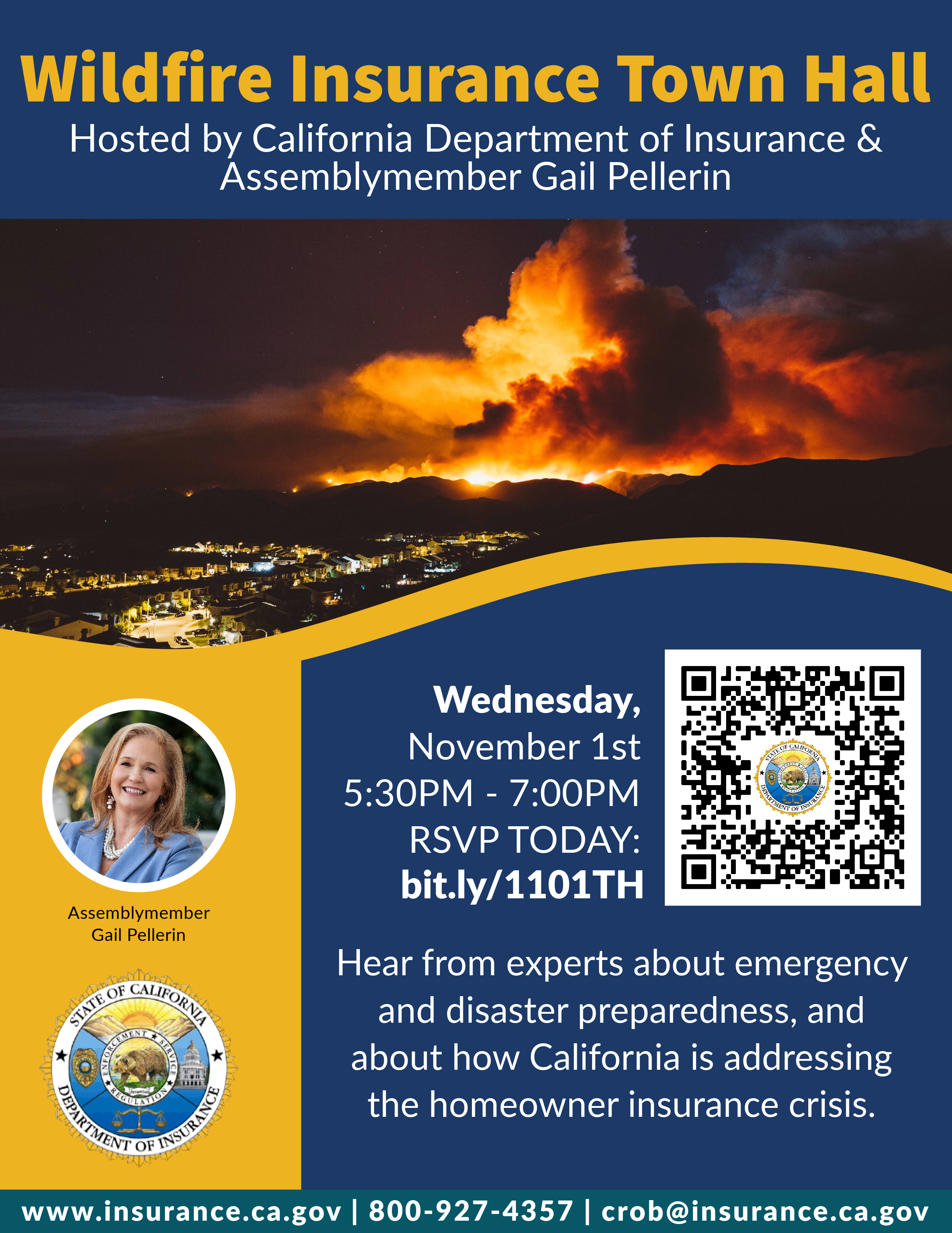 Wildfire Insurance Town Hall Hosted by California Department of Insurance &amp; Assemblymember Gail Pellerin - Hear from experts about emergency and disaster preparedness, and about how California is addressing the homeowner insurance crisis 