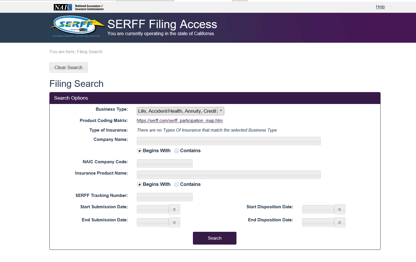 SERFF-Search screen example