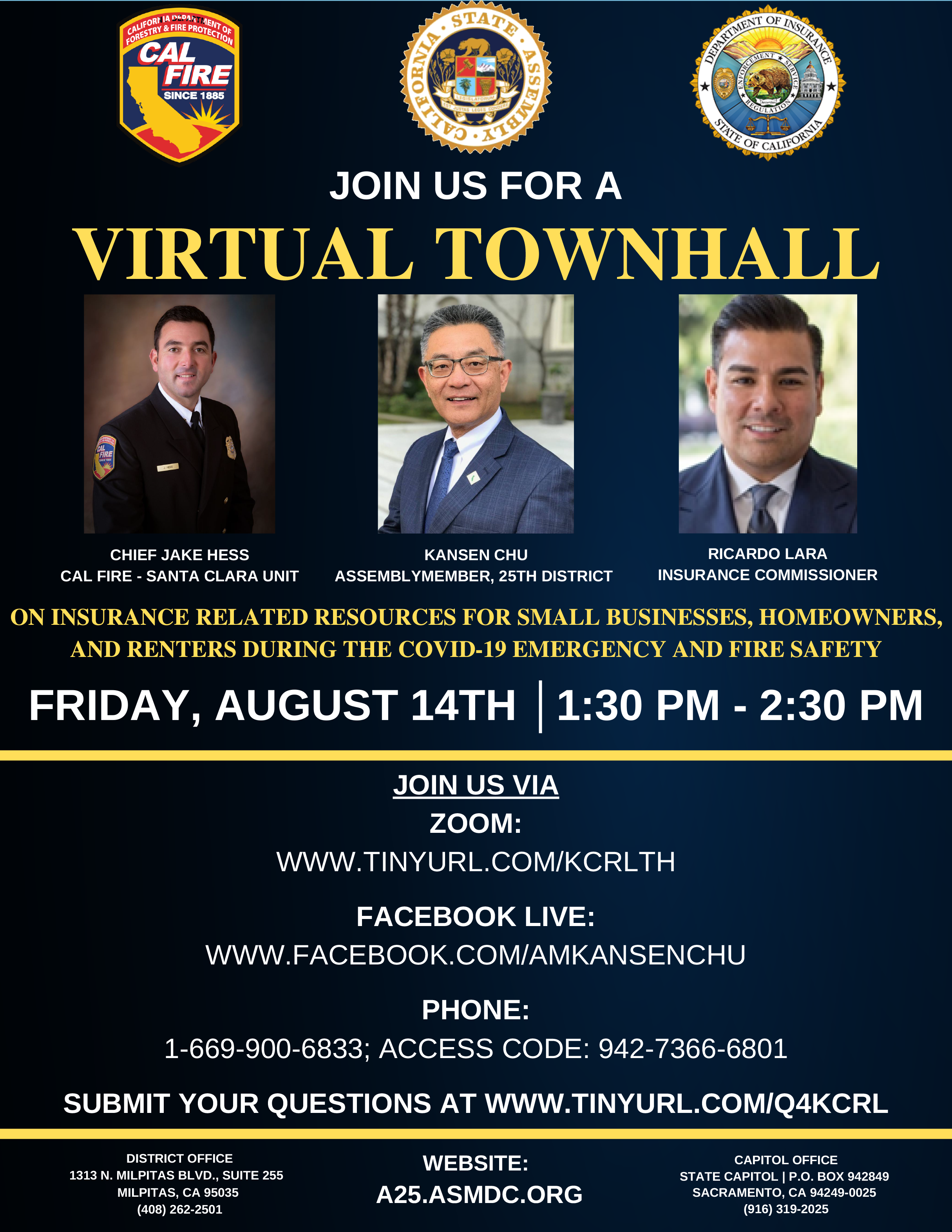 Join Townhall on insurance related resources for small businesses, homeowners, and renters during the COVID-19 &amp; fire safety, Fri. August 14, 1:30pm  Via Zoom: 