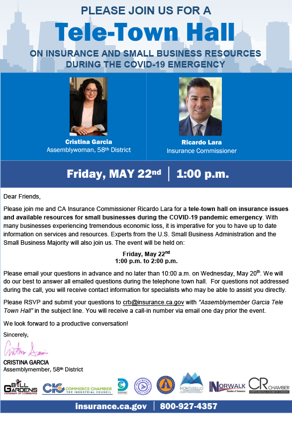 Flyer invitation for a teleconference townhall hosted by Commissioner, Ricardo Lara and assemblymember cristina garcia