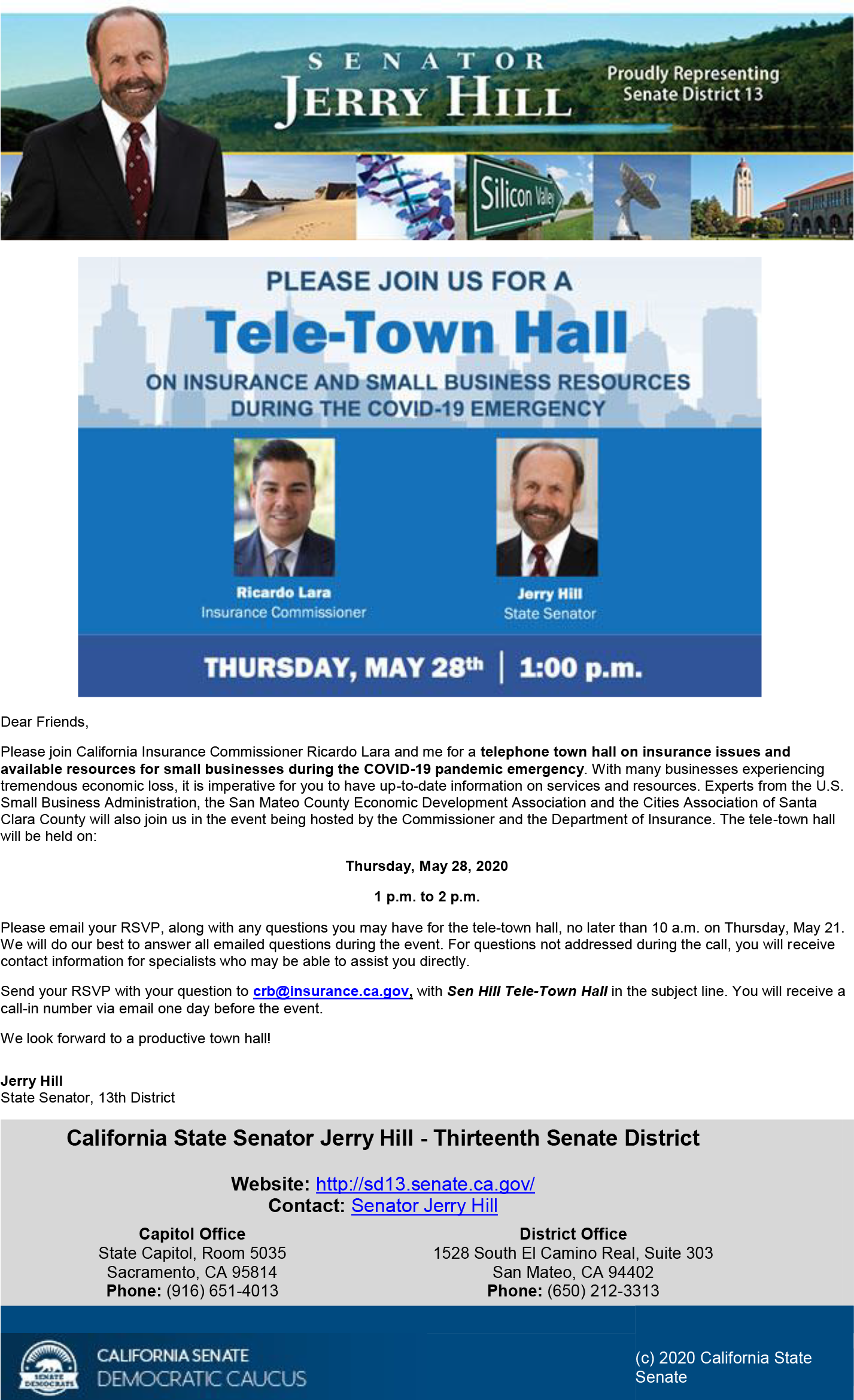 Flyer is an invitation from senator Jerry Hill to attend a teleconference on May 28th, 2020 at 1pm hosted by Commissioner Ricardo Lara