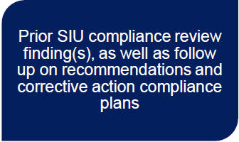 Prior SIU compliance review finding(s), as well as follow up on recommendations and corrective action compliance plans